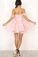 A-Line Off-the-Shoulder Short Pearl Pink Lace Homecoming Dresses