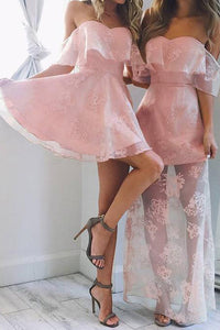 A-Line Off-the-Shoulder Short Pearl Pink Lace Homecoming Dresses
