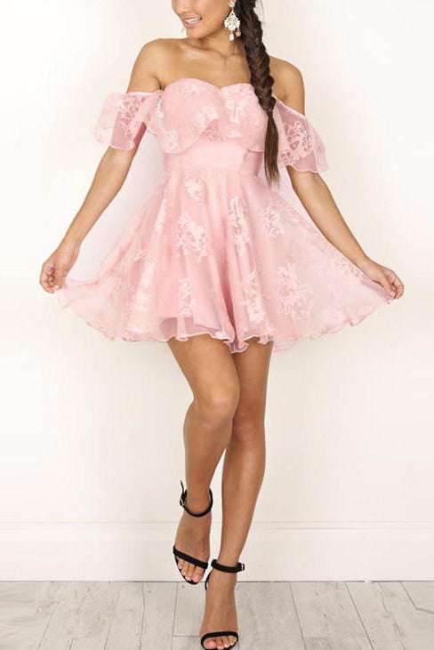 A-Line Off-the-Shoulder Short Pearl Pink Lace Homecoming Dresses Secondary image