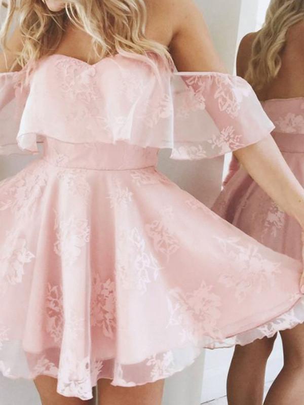 A-Line Off-the-Shoulder Short Pearl Pink Lace Homecoming
