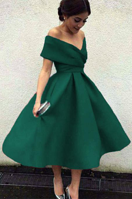 Vintage A-line Cap Sleeves Satin Tea Length Prom Dress Main image