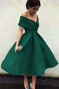 Off-the-Shoulder Pleated Satin Tea-Length Cocktail Dress