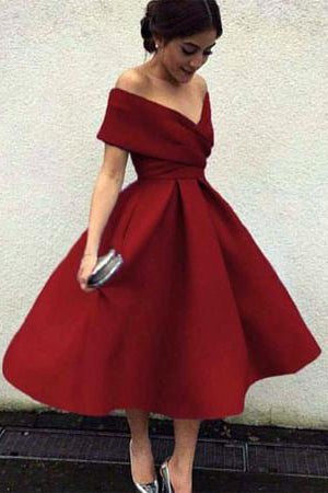 Off-the-Shoulder Pleated Satin Tea-Length Cocktail Dress
