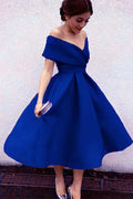 Off-the-Shoulder Pleated Satin Tea-Length Cocktail Dress