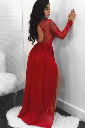 Ruby Red Long-Sleeve Keyhole-Back Lace and Chiffon Evening Dress with Slit