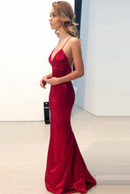 Sexy Sheath Deep V-Neck Long Satin Evening Dresses with Spaghetti Straps