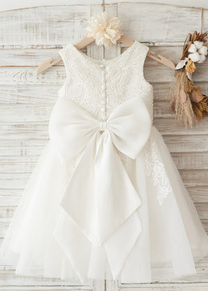 Ivory Bow-Back Lace and Tulle A-Line Tea-Length Flower Girl Dress