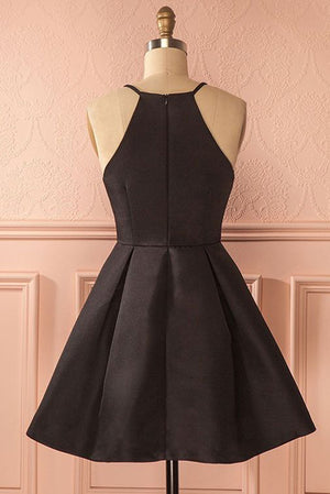 Black Square-Neck Pleated Satin A-Line Mini Homecoming Dress