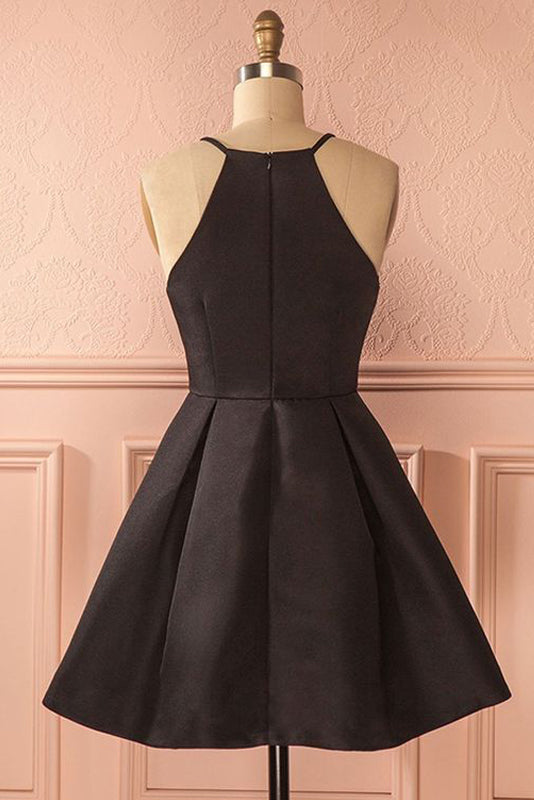 Black Square-Neck Pleated Satin A-Line Mini Homecoming Dress