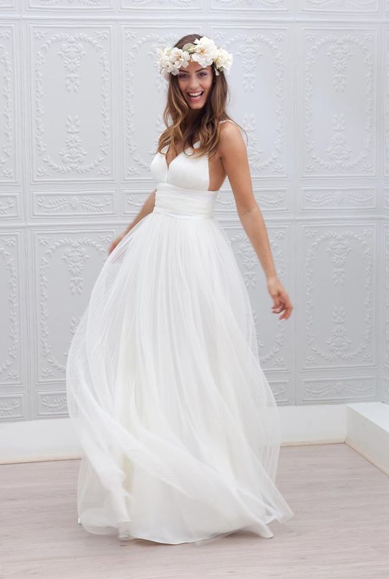 Spaghetti Straps Ruched Tulle Boho Beach Wedding Dress Main image