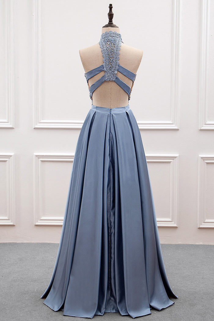 A-line/Princess Lace & Satin Halter Cut-out Back Prom Dress Angrila A-line/Princess Lace & Satin Halter Cut-out Back Prom Dress Angrila