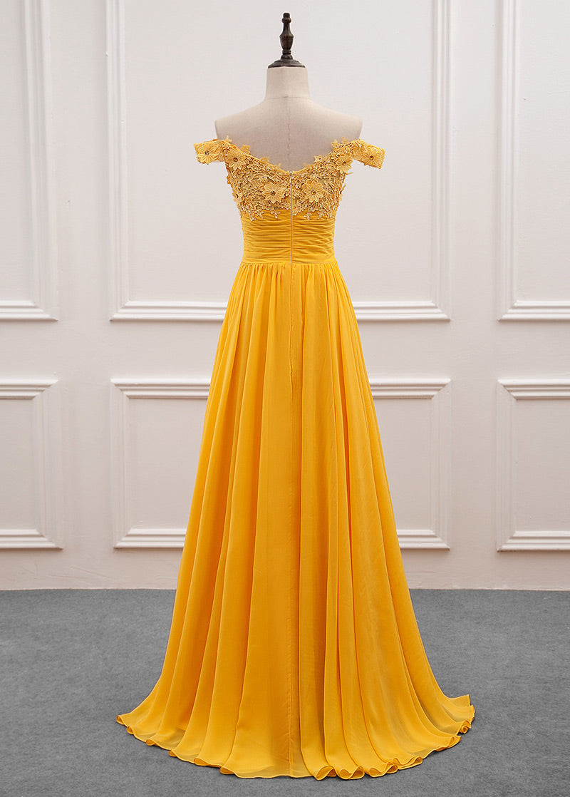 Ruched Off-the-Shoulder Lace and Chiffon A-Line Bridesmaid Dress