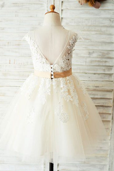 Tea-Length Lace-Applique Tulle Flower Girl Dress with V-Back