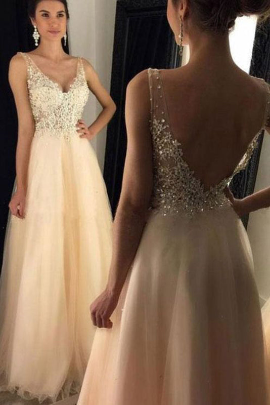 Glamorous V-Neck Tulle Appliques Lace Backless Prom Dresses