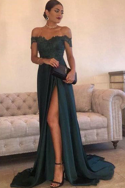 Sexy Leg Slit Long Prom Dresses Lace Off-the-Shoulder Evening Gowns Main image