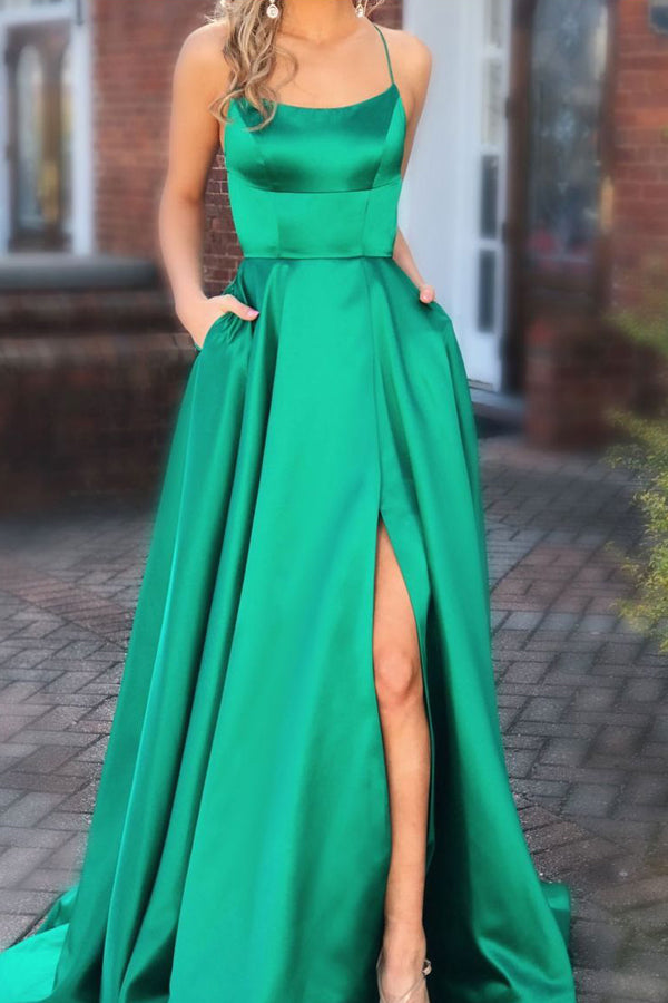Backless Slit Long Prom Dresses with Pocket Main image