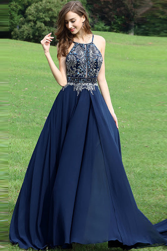 A-Line Halter Chiffon Backless Long Prom/Evening Dress with Beading