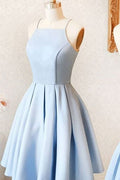 Sky Blue Square-Neck Pleated Satin A-Line Mini Homecoming Dress