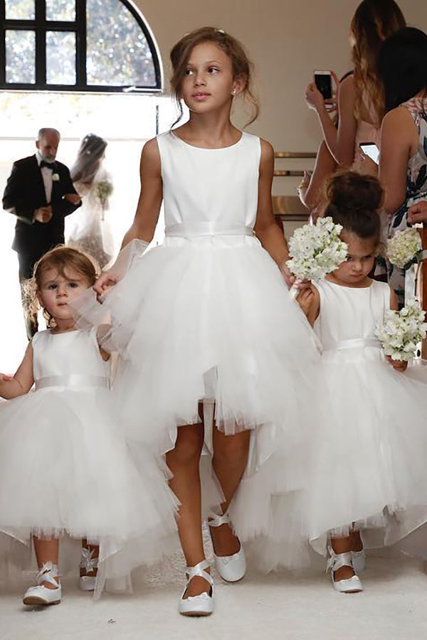 Tiered High-Low Satin and Tulle A-Line Flower Girl Dress