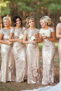 Sheath/Column Cap Sleeves Sequined Zipper Up at Side Long Bridesmaid Dresses