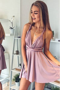 A-Line Deep V-Neck Criss-Cross Straps Short Stretch Convertible Homecoming Dresses