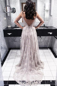 Sexy A-line V-neck Lace Court Train Backless Prom Dresses