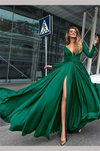 Sexy V-Neck Long Sleeves High Slit Evening Gowns