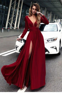 Sexy V-Neck Long Sleeves High Slit Evening Gowns