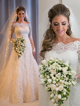 A-line/Princess Off-the-shoulder Full/Long Sleeves Long Lace Bridal Wedding Dresses with Beading