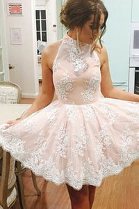 A-line High Neck Short/Mini Open Back Homecoming Dresses