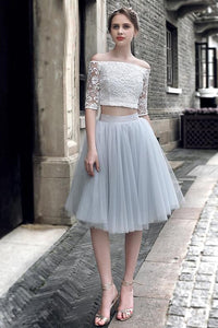 Off-the-shoulder Lace Tulle Knee-length Two Piece Prom Dresses Homecoming Dresses