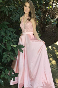 Halter Sweep Train Appliques Lace Prom Dresses