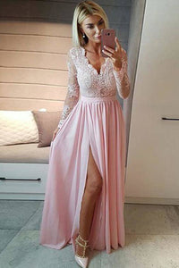 Chiffon A-line Floor-Length Lace Appliques Prom Dresses