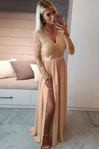 Chiffon A-line Floor-Length Lace Appliques Prom Dresses