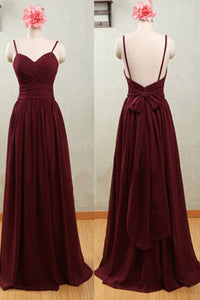 Spaghetti Straps Claret Chiffon Sweetheart Open Back Bridesmaid Dresses