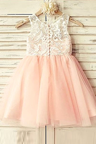 Tea-Length Lace and Tulle Flower Girl Dress with Button Back