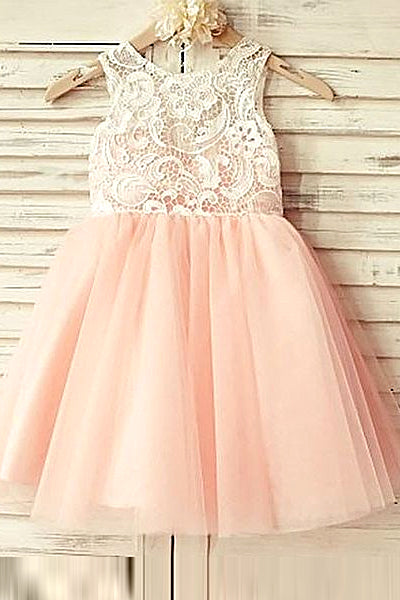 A-Line Round Neck Short Cute Tulle Flower Girl Dress with Lace Main image