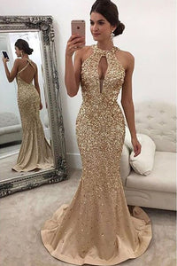 Mermaid Sleeveless Halter with Sequin Evening Dresses