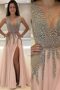 A-Line V-Neck Sleeveless Floor-Length With Beading Tulle Prom Dresses