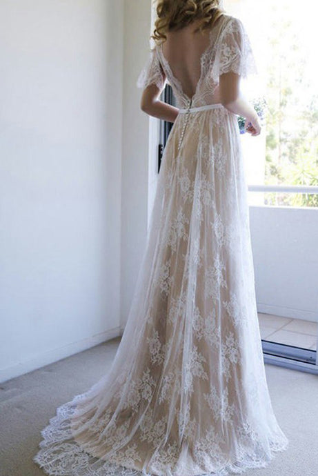 A-Line Lace V-Neck Short Sleeves Wedding Dresses