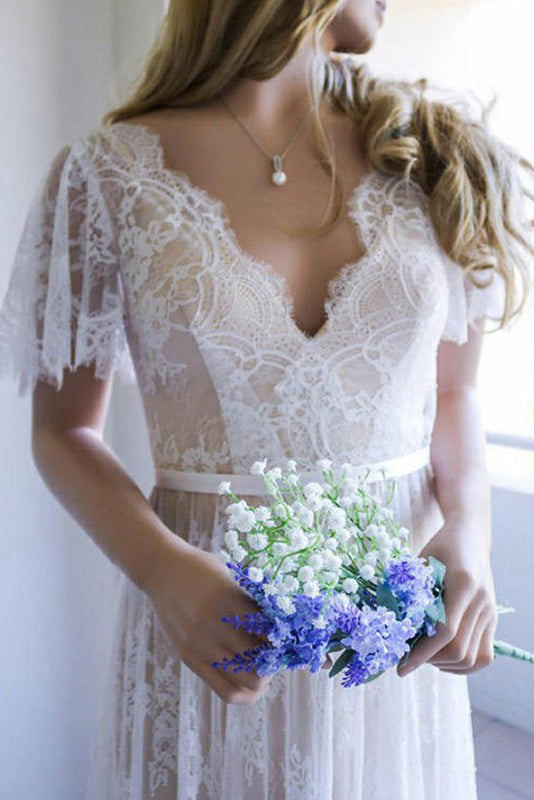 Low-Back Boho Lace A-Line Wedding Dress with Flutter Sleeves