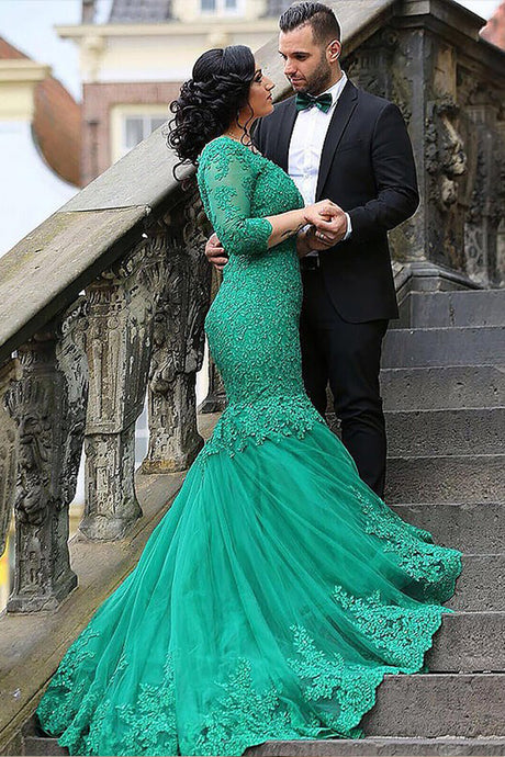 Mermaid V-Neck 3/4 Sleeves Applique Plus Size Prom Dresses