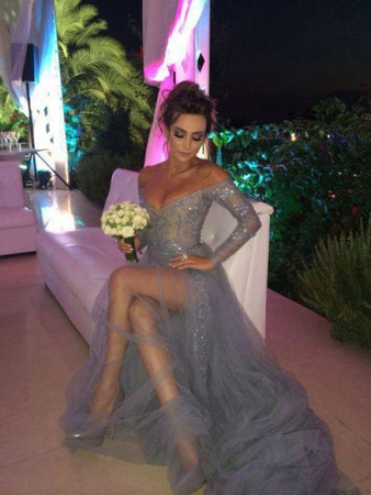 A-Line/Princess Off-the-Shoulder Long Sleeves Applique Tulle Evening Dresses