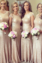 Shinning Cap Sleeve Sequin Small Round Neck Long Bridesmaid Dresses
