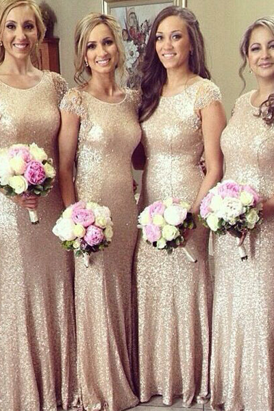 Shinning Cap Sleeve Sequin Small Round Neck Long Bridesmaid Dresses