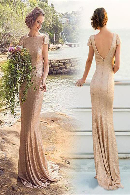 V-Back Cap-Sleeve Sequin A-Line Bridesmaid Dress