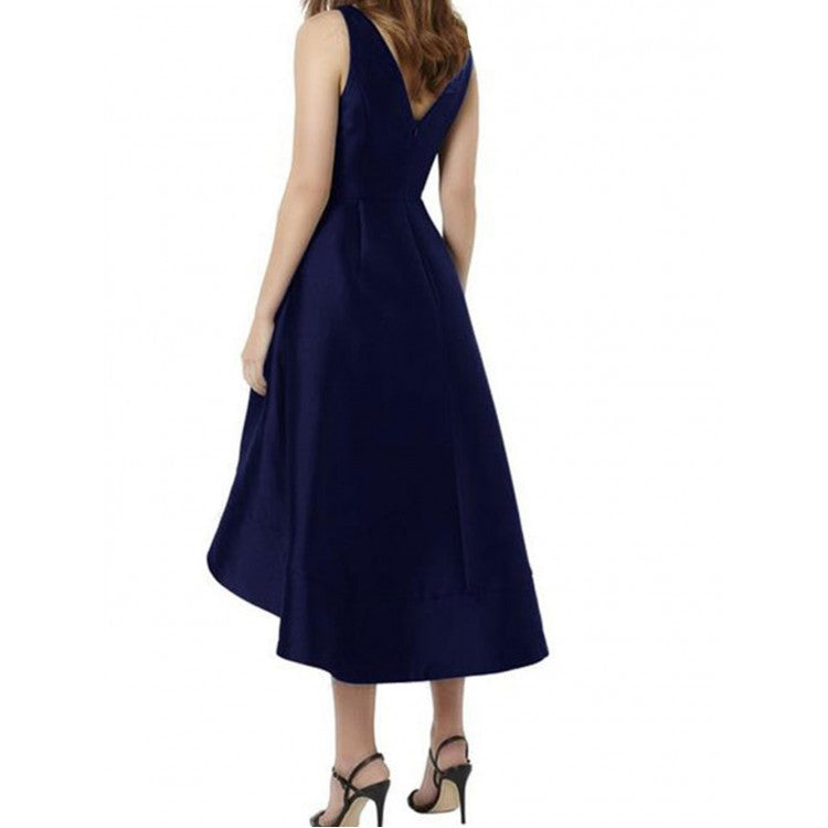 V-Neck Satin A-Line Midi Bridesmaid Dress with Pockets