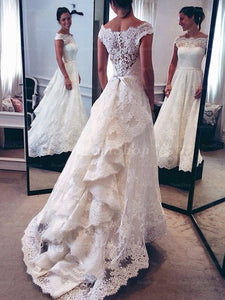Decent Off Shoulder A-line Cascading Ruffles Court Train Lace Wedding Dresses