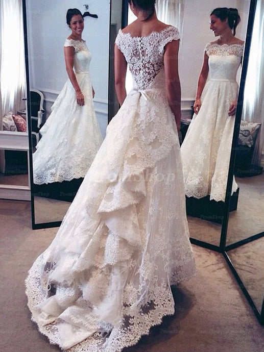 Decent Off Shoulder A-line Cascading Ruffles Court Train Lace Wedding Dresses