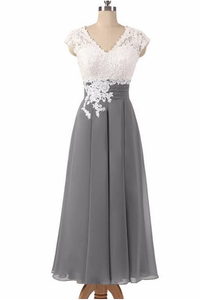 A-line V-neck Cap Sleeves Tea-length Chiffon Lace Mother of the Bride Dresses